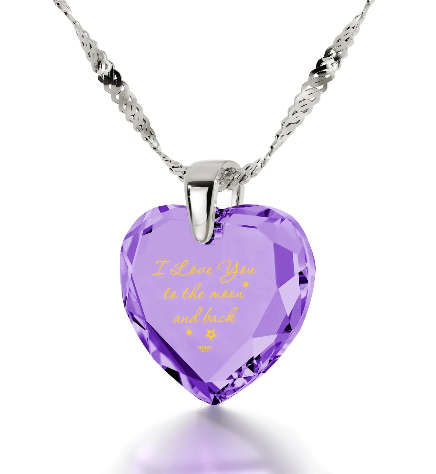 "I Love You to The Moon and Back" 925 Sterling Silver Necklace - 24k Gold Inscribed Heart Cubic Zirconia Pendant