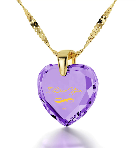 "I Love You" Infinity Necklace - Heart Pendant - 24k Gold Inscribed Cubic Zirconia