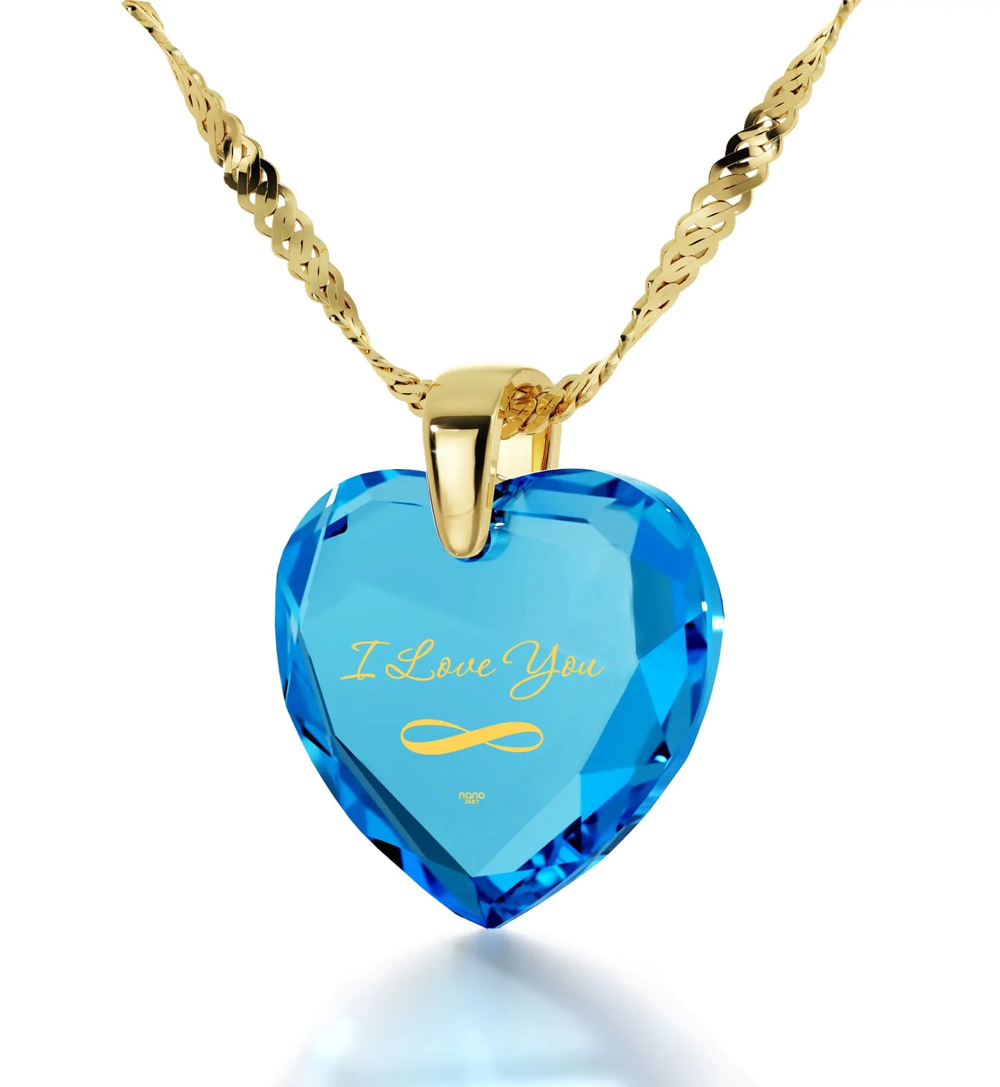 "I Love You" Infinity Necklace - Heart Pendant - 24k Gold Inscribed Cubic Zirconia