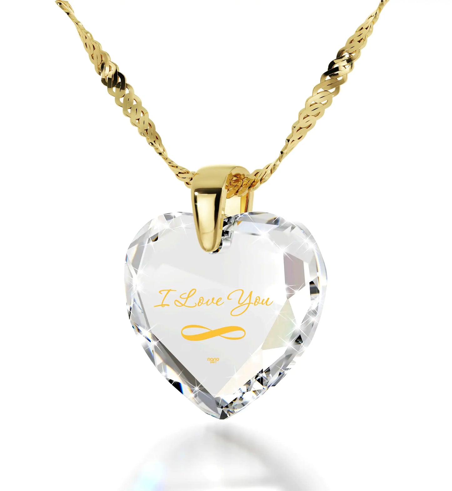 "I Love You" Infinity Necklace - Heart Pendant - 24k Gold Inscribed Cubic Zirconia