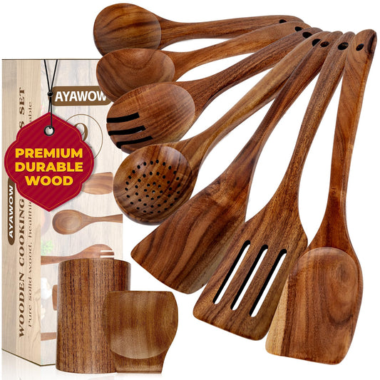 Wooden Spoons for Cooking Teak Wooden Kitchen Utensil Set for Nonstick Cookware Natural Material Wooden Cooking Utensils Set with Holder and Spoon Rest (9 Pcs)