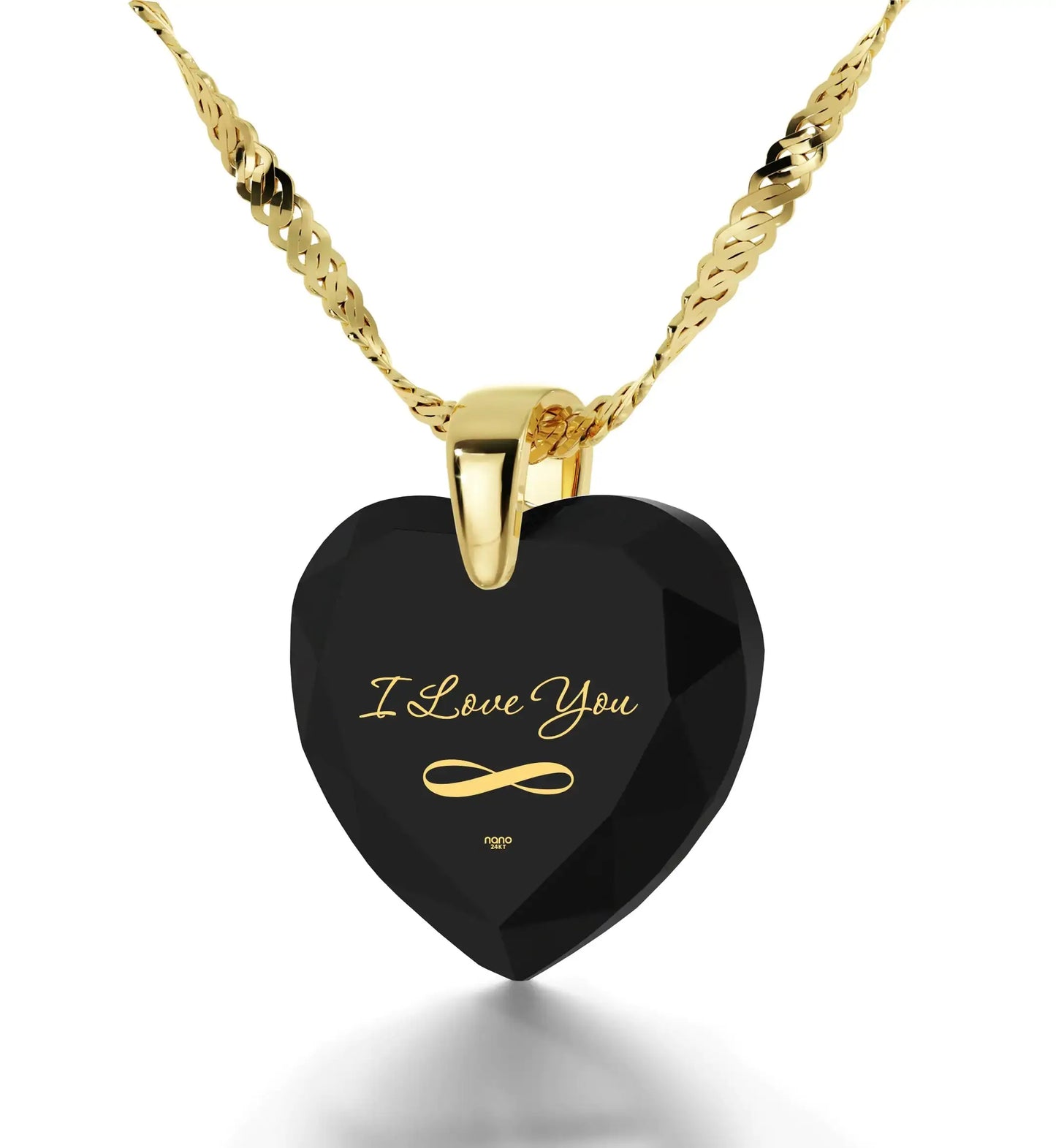 "I Love You" Infinity Necklace - Heart Pendant - 24k Gold Inscribed Cubic Zirconia