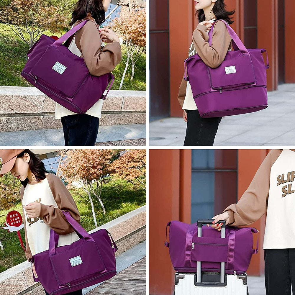 Four pictures of a woman holding the bag