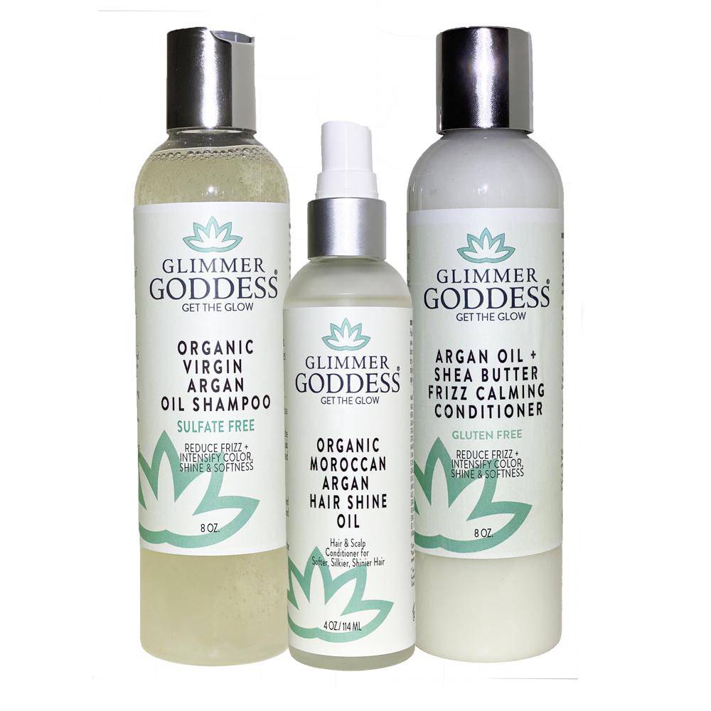 Glimmer Goddess - Organic Argan Oil Trio (Shampoo + Conditioner + Hair Shine Spray)